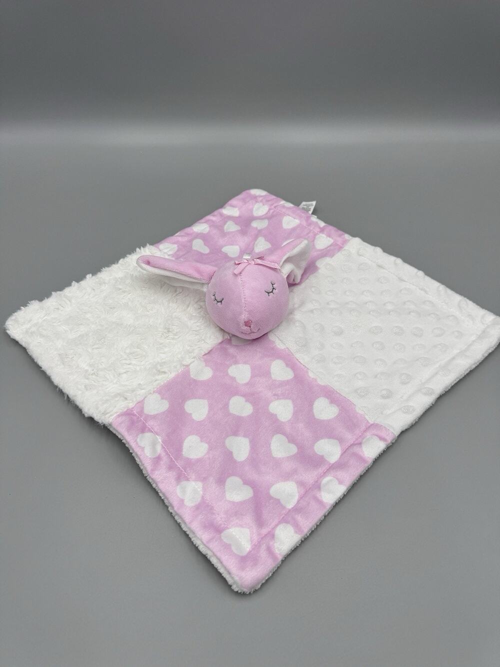 Baby Essentials Pink Bunny Rabbit Lovey Plush Security Blanket White Hearts Dot